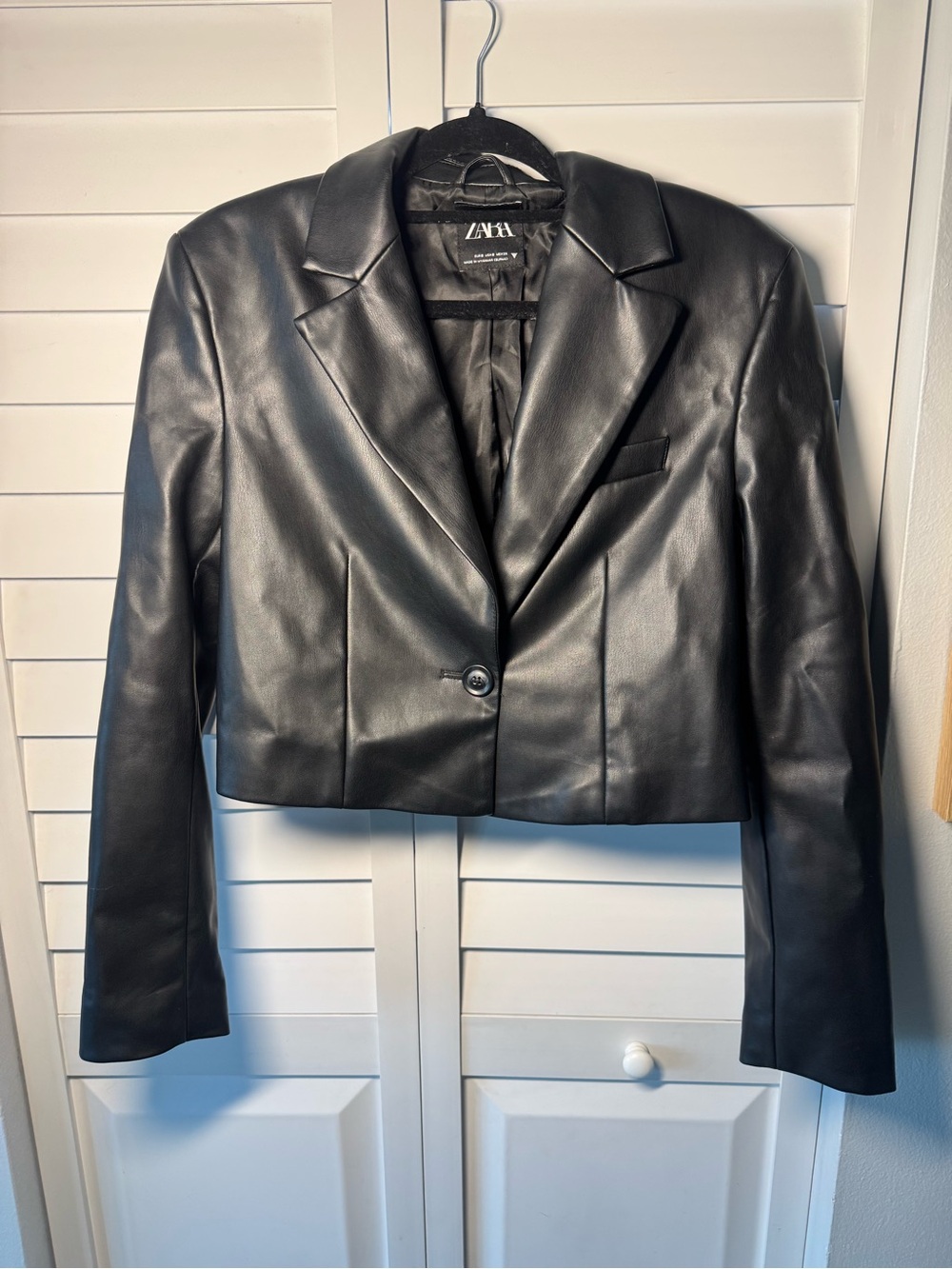 Zara Black Faux Leather Cropped Blazer Jacket